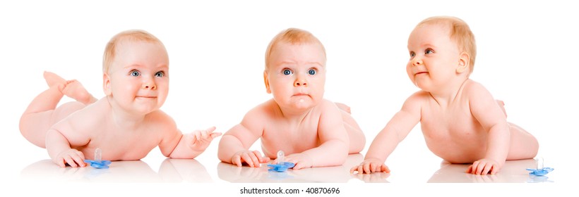 Triplet Babies On A White Background