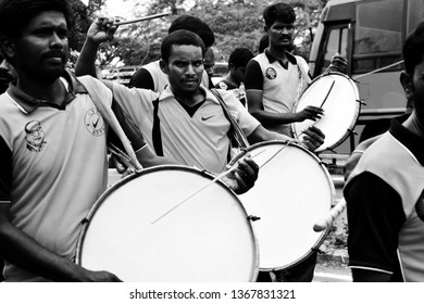 Triplicane, Chennai/Tamil Nadu, India, - April, 11, 2019. A Group Of Folk Music Troup In A Political Parade. The Ancient Drum ‘ Parai’ Is Used.