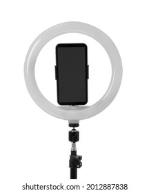 Tripod With Ring Light And Smartphone Isolated On White