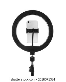 Tripod With Ring Light And Smartphone Isolated On White