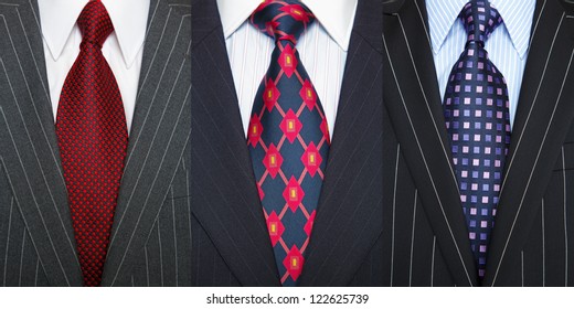 Triptych Photo Of A Three Pinstripe Suits With Shirt And Ties.