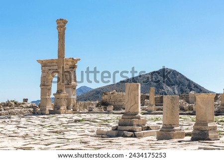 Triumphal arch and honorary column. Remains of honorary monuments. Upper Agora in ancient city of Sagalassos. Aglasun, Budur, Turkey (Turkiye)