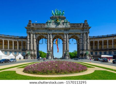 Triumphal Arch in Parc du Cinquantenaire (Park of the Fiftieth Anniversary) in European Quarter in Brussels, Belgium. Architecture and landmarks of Brussels (Bruxelles). Cityscape of Brussels.