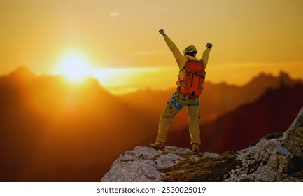 A triumphant hiker stands on a mountain peak at sunset, arms raised in victory against a vibrant sky. The scene captures the essence of achievement, adventure, and the breathtaking beauty of nature. - Powered by Shutterstock