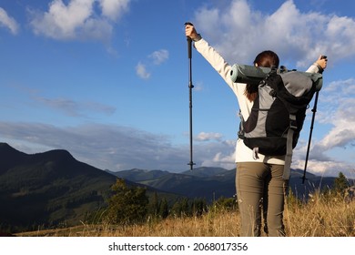 Triumphant Tourist On Top Of Mountain, Back View. Space For Text