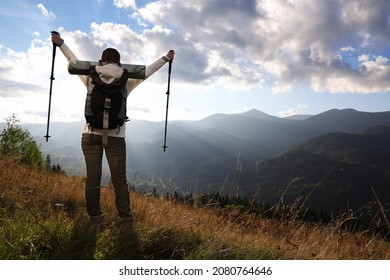 Triumphant Tourist On Top Of Mountain, Back View. Space For Text