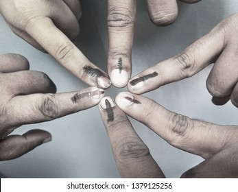 TRIVANDRUM, KERALA, INDIA, APRIL 24, 2019: Top View Of Forefingers Of Voters Who Voted In The 17th Indian Parliamentary (Lok Sabha) Elections Showing Indelible Electoral Ink. Long Live Democracy.