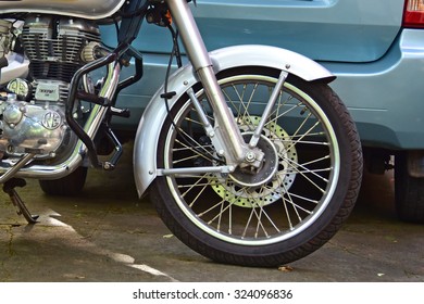 TRIVANDRUM, KERALA, INDIA, AUGUST 29, 2015: Royal Enfield Motor Cycle. Front Wheel And Shock Absorber. Atmanirbhar Bharat. Make In India.