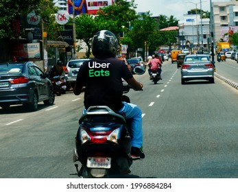 Trivandrum, Kerala, India, June 25, 2021: Delivery Boy Out To Deliver Food From Uber Eats.                            