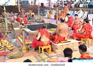 Trivandrum, Kerala, India, May 07, 2022: Priests performing rituals at Mahakalika Yajna at Pournamikkavu temple. Yajna in Hinduism is a ritual done in front of a  sacred fire, with mantras.