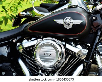 Trivandrum, Kerala, India, November 14, 2020: Close Up Of The Fuel Tank Of A Black Harley Davidson Bike.