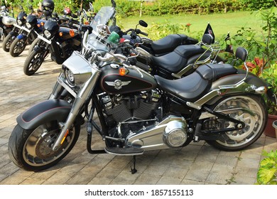 Trivandrum, Kerala, India, November 14, 2020: Majestic Harley Davidson Motorbikes Parked In A Row. 