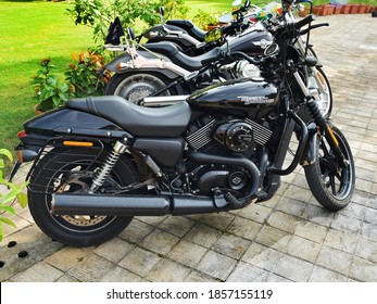 Trivandrum, Kerala, India, November 14, 2020: Majestic Harley Davidson Motorbikes Parked In A Row. 