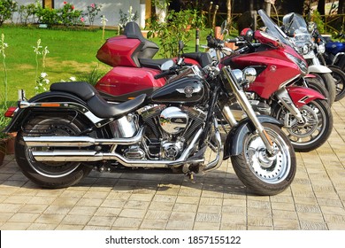 Trivandrum, Kerala, India, November 14, 2020: Majestic Harley Davidson Motorbikes Parked In A Row. 