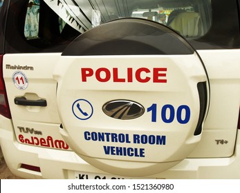 Trivandrum, Kerala, India, October 03, 2019: Rear End Of A Police Control Room Vehicle, Displaying Emergency Phone Number.