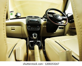 TRIVANDRUM, KERALA, INDIA, OCTOBER 07, 2018: Wide Angle View Of The Inside Of A Maruti Dzire Car. Atmanirbhar Bharat. Make In India.