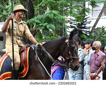 Trivandrum, Kerala, India, September 12, 2022: Mounted Police Overseeing The Procession On The Last Day Of Onam Celebrations.