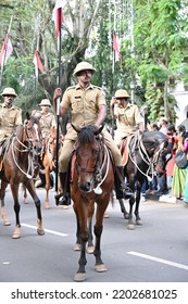 Trivandrum, Kerala, India, September 12, 2022: Mounted Police Overseeing The Procession On The Last Day Of Onam Celebrations.