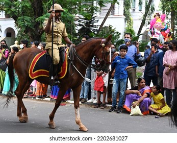 Trivandrum, Kerala, India, September 12, 2022: Mounted Police Overseeing The Procession On The Last Day Of Onam Celebrations.