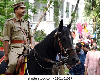 Trivandrum, Kerala, India, September 12, 2022: Mounted Police Overseeing The Procession On The Last Day Of Onam Celebrations.