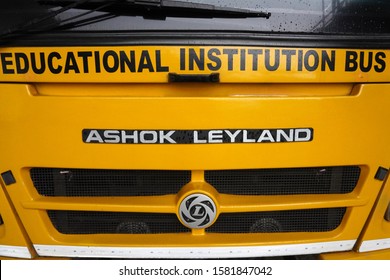 Trivandum, Kerala, India, September 22, 2019: Face Of A Yellow School Bus, Made By Ashok Leyland Company. Atmanirbhar Bharat. Make In India.                             