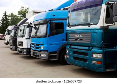 Trnava, Slovakia - September, 2019: Old Trucks At The Parking. Old Used Tucks At Car Bazaar. 