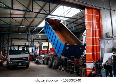 Trnava, Slovakia - September, 2019: Old Trucks At The Parking. Old Used Tucks At Car Bazaar. Car Workshop Repairing. 