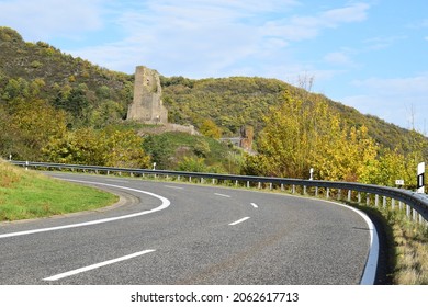 Troad Towards Ower Ruin Of Coraidelstein Above The Autumn Vineyards Of Mosel Valley