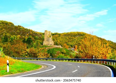 Troad Towards Ower Ruin Of Coraidelstein Above The Autumn Vineyards Of Mosel Valley