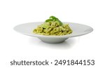 Trofie Al Pesto, Italian Pasta with Pesto Sauce, Traditional Genovese Troffie, Fusilli Pugliesi, Liguria Food on Restaurant Plate, Mediterranean Lunch with Trofie Al Pesto