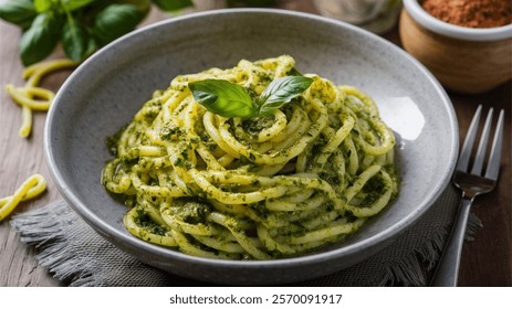 Trofie al Pesto - Twisted Pasta with Pesto: Short, twisted pasta tossed in aromatic basil pesto sauce. A Ligurian specialty bursting with fresh flavor. - Powered by Shutterstock - Get 15% off with code: PIKWIZARD15