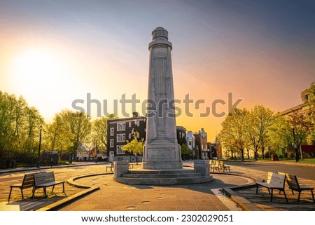 Trois Rivieres downtown sunrise skyline in spring at Pierre-Boucher Place Memorial Park in Quebec, Canada