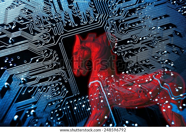 Trojan horse / symbol of a red trojan horse\
on blue computer circuit board background\
