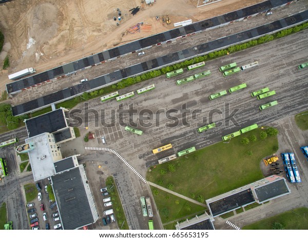 Trolley\
and bus depot in Kaunas, Lithuania. Aerial\
view