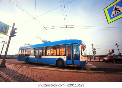 The trolley bus on the road  in St. Petersburg, Russia