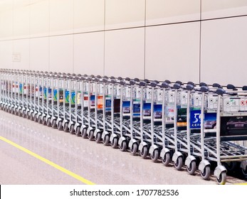 Trolley The Leverage Luggage Lift Transportation Row In The Airport A Lot Migration Concept  Jan 01,2020. Bangkok Thailand.