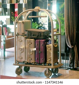 Trolley Luggage At The Hotel. Hotel Baggage Cart