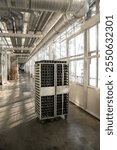 Trolley with vertical shelves hold seedlings in production hall, plants prepared for transplant to greenhouse from controlled lab conditions. Transition to growth environment, structured seedling care