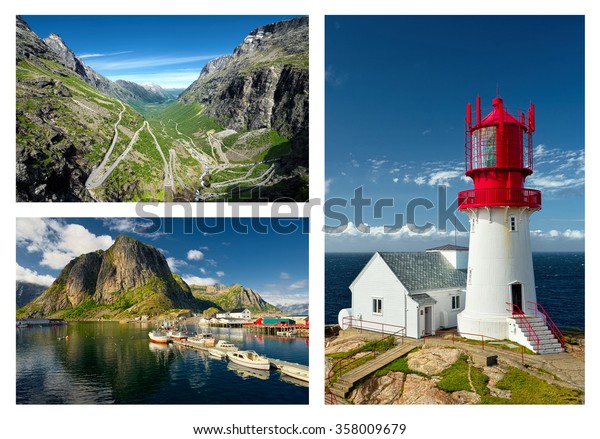 Trollstigen road. Lofoten Islands.\
Lindesnes Fyr beacon. Norway attractions.  Scandinavia.\
Travel.