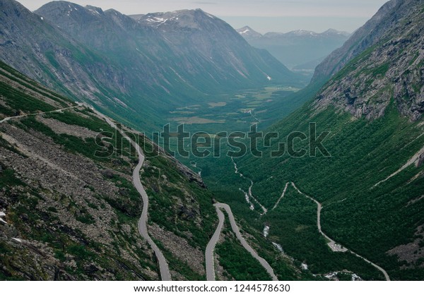 Trollstigen. Travel to Norway. A stunning view of\
Norway’s famous landmark - the legendary staircase or the trolls\
road. View above the observation\
deck