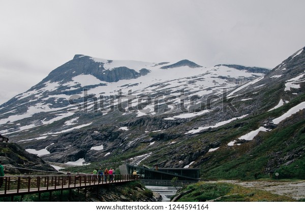 Trollstigen. Travel to Norway. A stunning view of\
Norway’s famous landmark - the legendary staircase or the trolls\
road. View above the observation\
deck