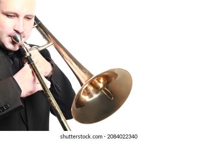 Trombone Player. Trombonist Playing Jazz Musician Isolated On White Background. Man Playing Trumpet Brass Instruments