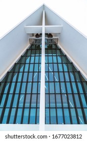 Tromsø, Troms Og Finnmark / Norway -March 5th, 2020: Low Angle Of The Arctic Cathedral Facade