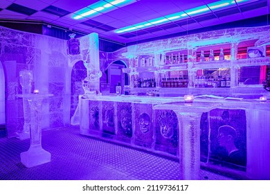 TROMSO, ARCTIC CIRCLE - NORWAY - NOVEMBER 21, 2021: Tromso is a city in Tromso Municipality in Troms og Finnmark county, Norway. op Very popular bar in Tromso - Ice bar Magic Ice