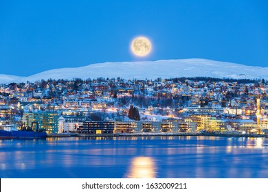 Tromso City At Full Moon In Winter Time, Christmas In Tromso, Norway