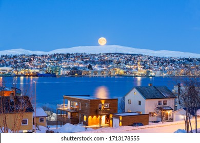 Tromso City At Full Moon In Winter Time, Christmas In Tromso, Norway
