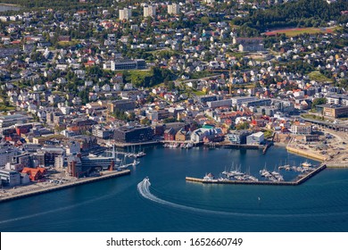 TROMSO, NORWAY - JULY 11, 2019: Aerial View Of  Marina In City Of Tromsø, On Island Of Tromsøya.