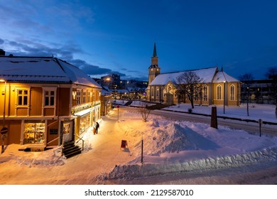 Tromso, Troms Og Finnmark, Norway – February 12, 2022: Cathedral ( Tromso Domkirke) At Polar Night In Tromso, Northern Norway