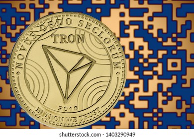 tron trx coin cryptocurrency on the background of crypto code