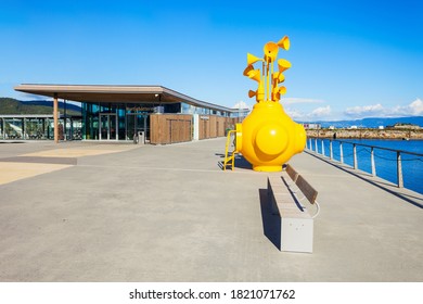 TRONDHEIM, NORWAY - AUGUST 03, 2017: Modern sculpture What Does the Fjord Say by artist Stale Sorensen, it was inspired by Beatles Yellow Submarine.